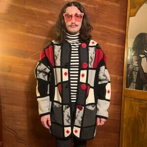 VINTAGE 80s Handmade Stained Glass Cardigan Size XL Artisan Wool Needlefelt